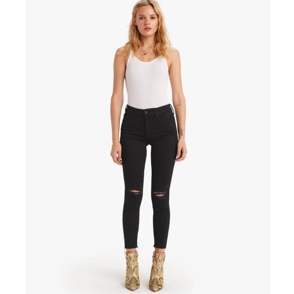 MOTHER Black Distressed Looker Ankle Fray Guilty As Sin Skinny Jeans 25